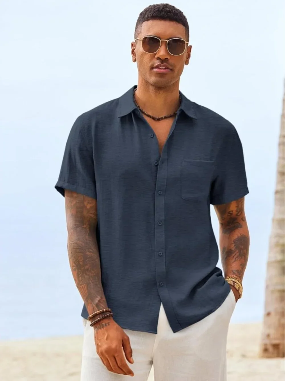 Men's Navy Button Down Linen Short Sleeve Casual Beach Wedding Shirt - Picture 3 of 6